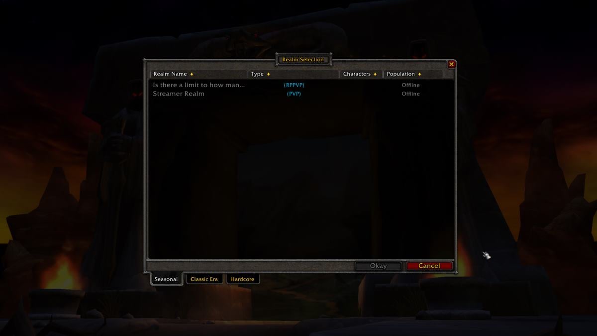 The Realm selection screen in WoW SoD with two entries.