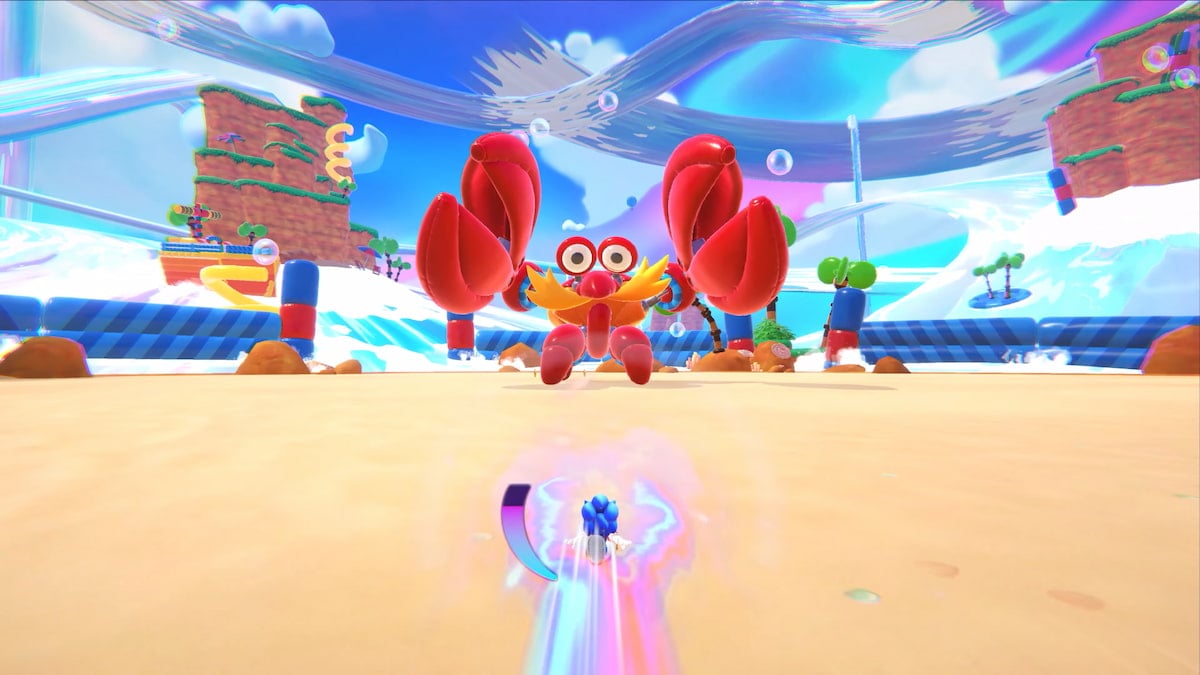 Promo image for Sonic Dream Team, showing him running at a giant crab