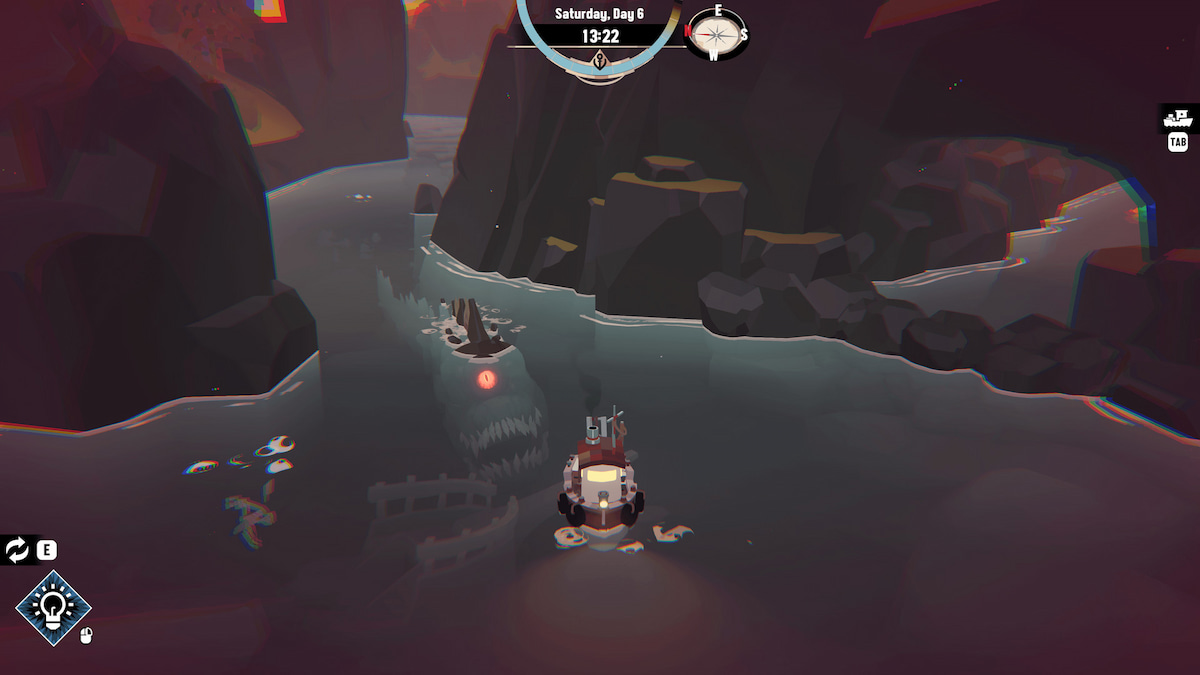 Promo image for Dredge, showing a large sea monster following the player's boat.