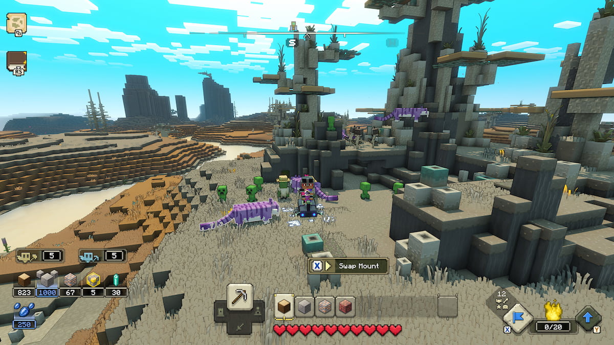 Promo image for Minecraft Legends, showing the player character surrounded by units.