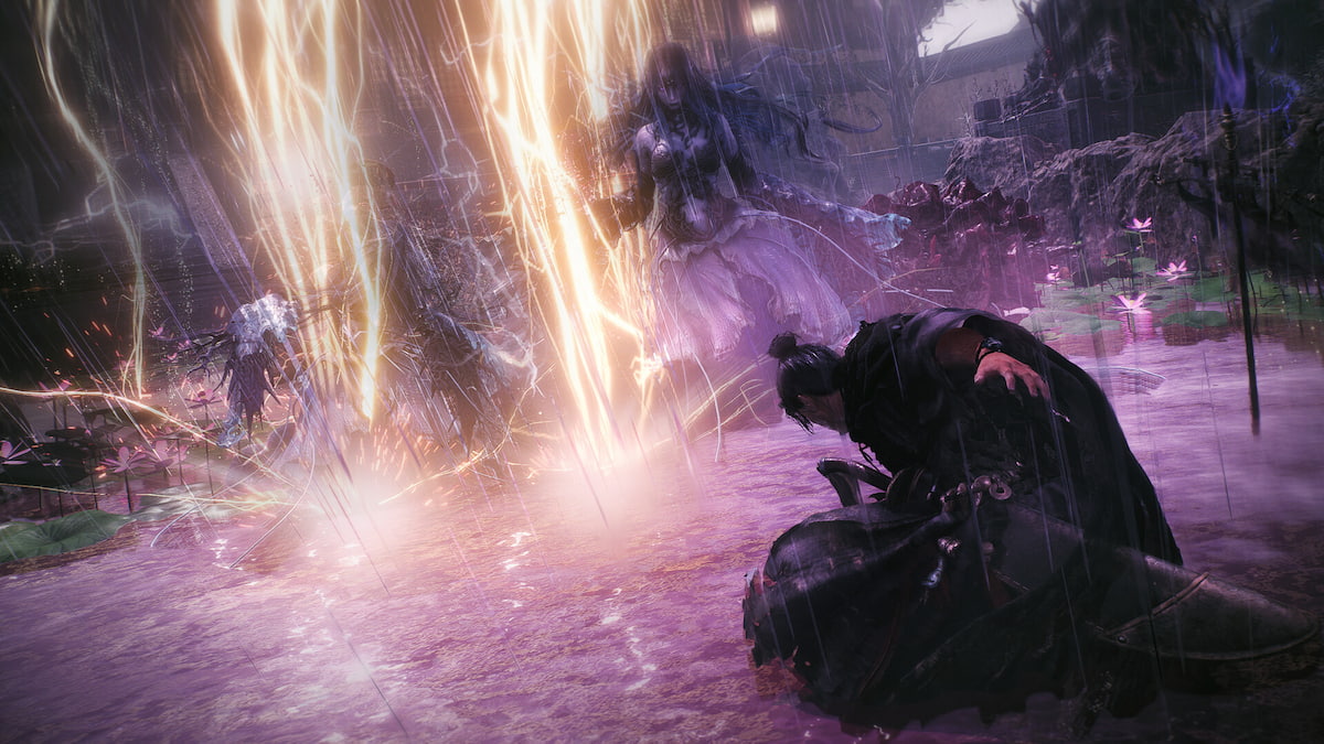 Promo image for Wo Long Fallen Dynasty, showing lightning striking enemies.