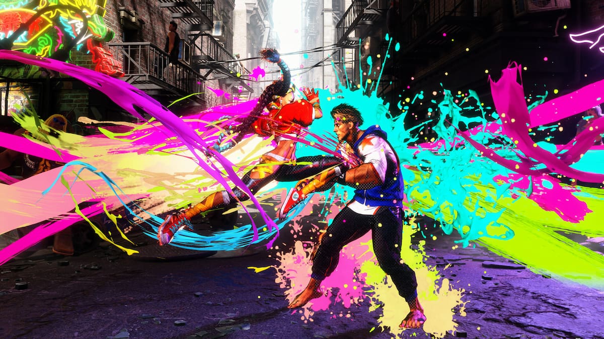 Promo image for Street Fighter 6, showing Kimberly landing a drive impact on Luke.