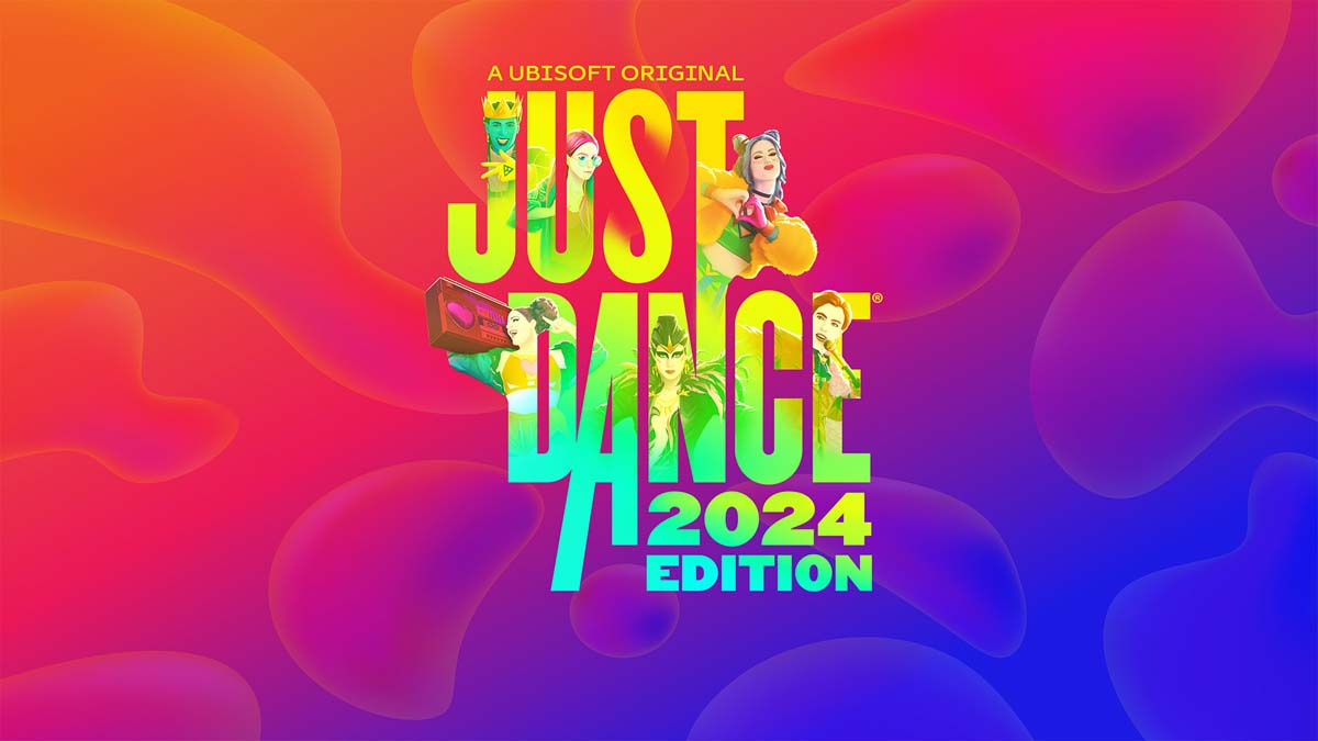 Just Dance 2024 logo on a pink purple background