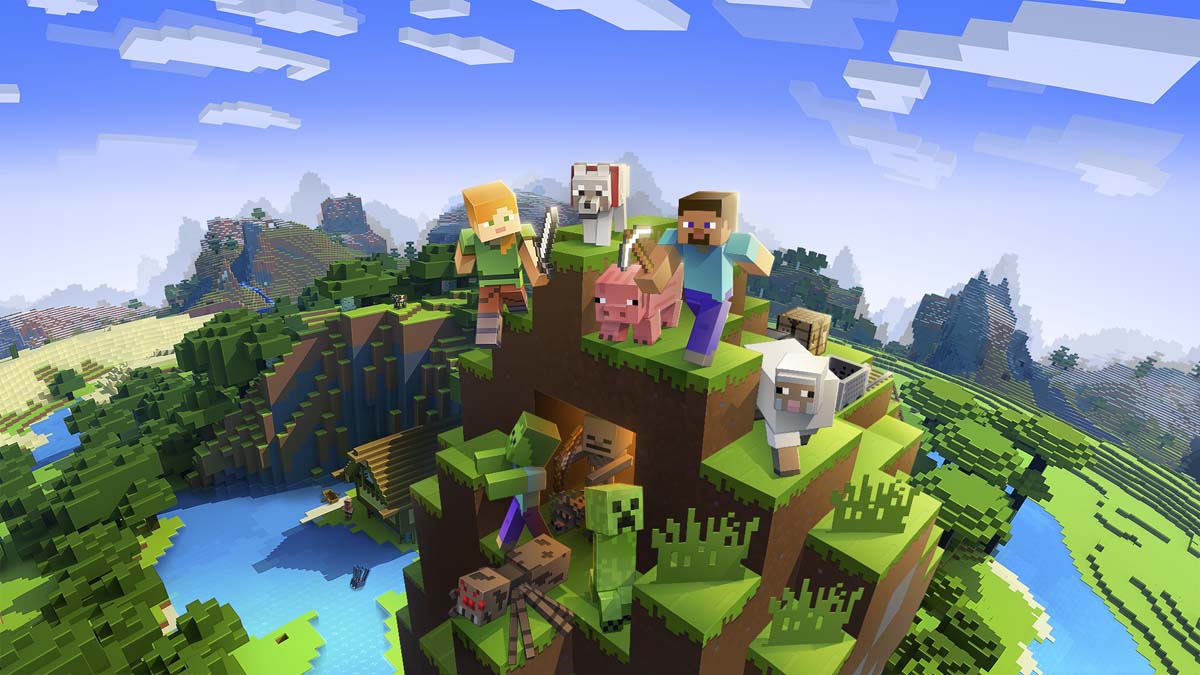 Minecraft characters stand on top of the hill