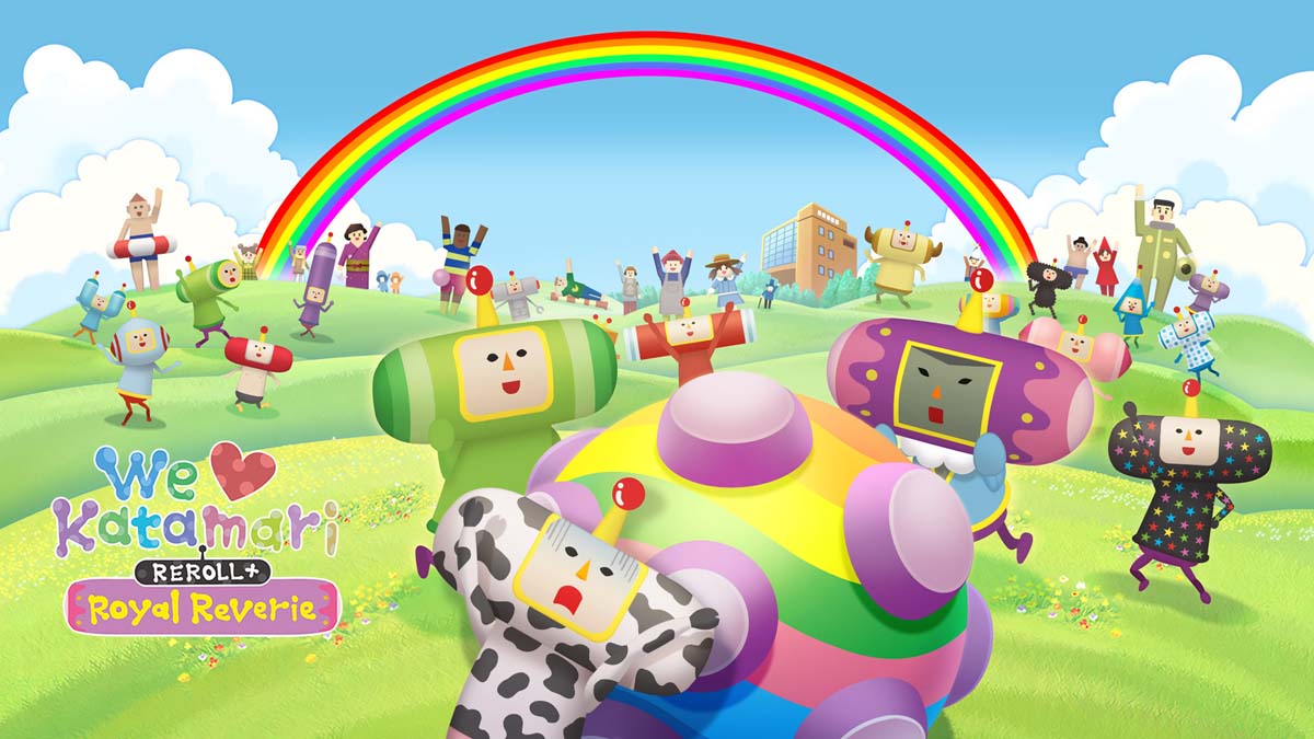 We Love Katamari Reroll characters are gathered on a green field