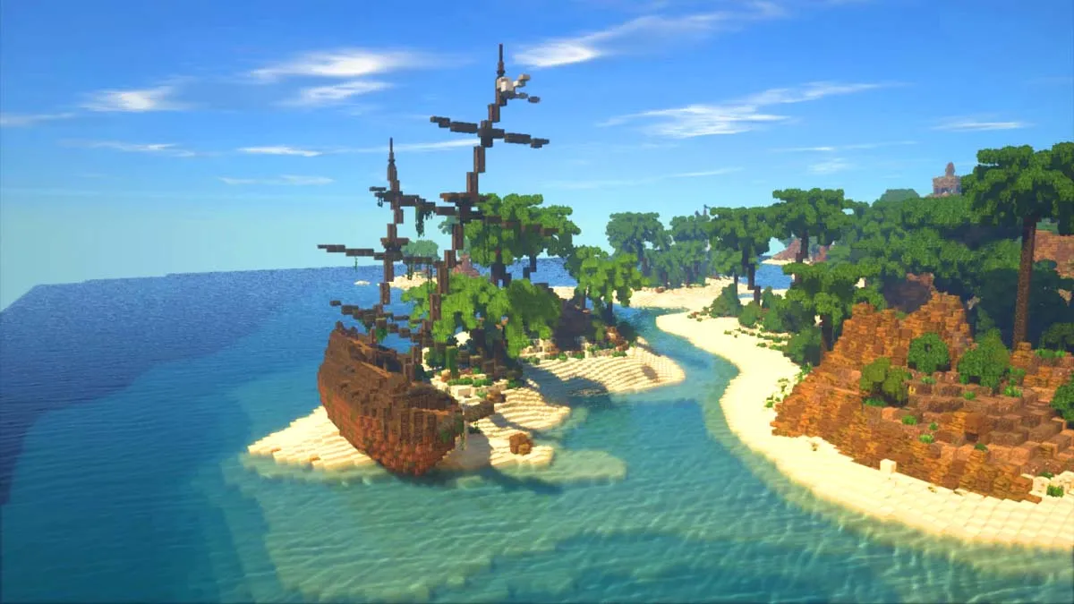 Shipwreck on the island shore in Minecraft