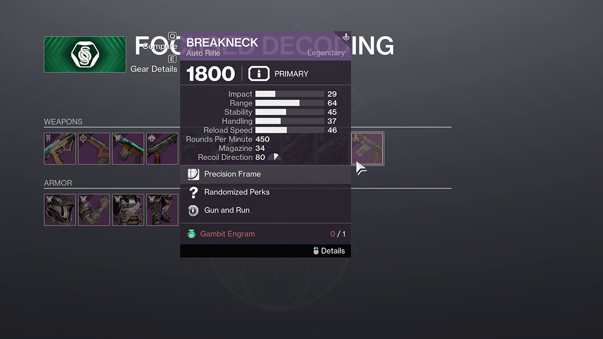 The Gambit Focused Decoding screen at the Drifter/