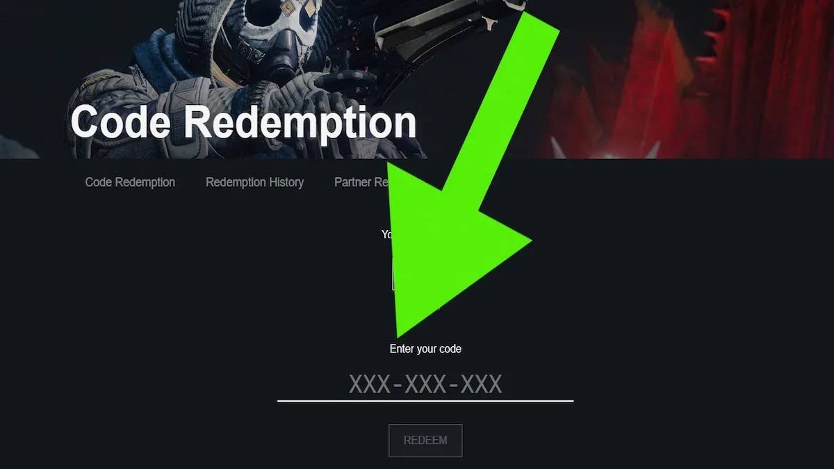 Destiny 2 code redemption page with guardian at the top.