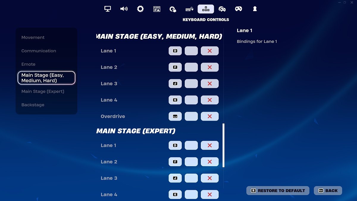 Fortnite control options menu for festival inputs (white text, blue background).