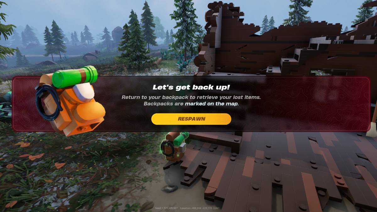 Respawn screen in LEGO Fortnite