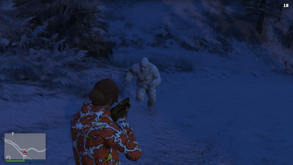 Shooting the Yeti with a Railgun in GTA Online.