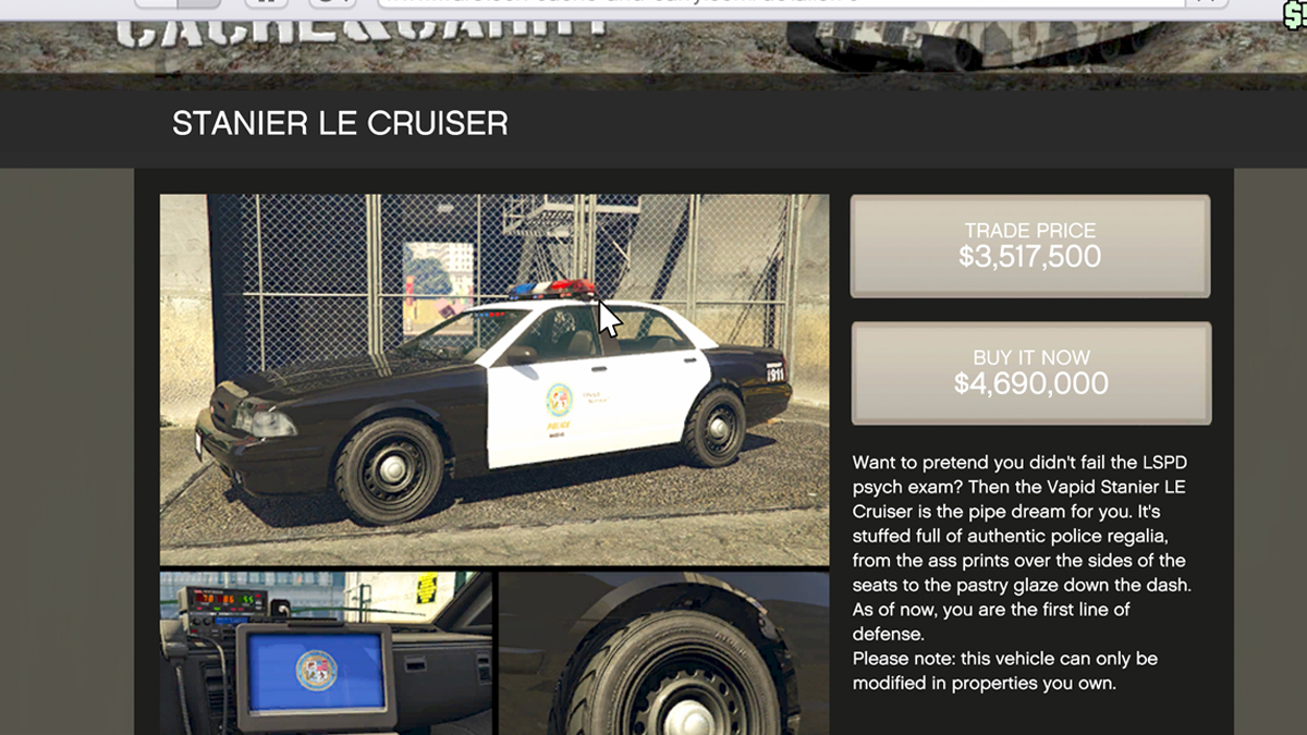 Black and white Stanier cop car GTA 5 Online buying menu.