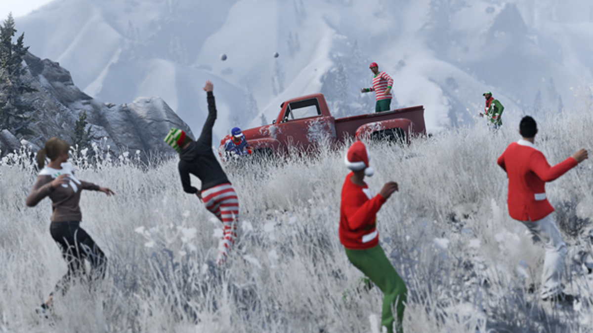 Four festive characters lob snowballs and a person in a red pickup truck.