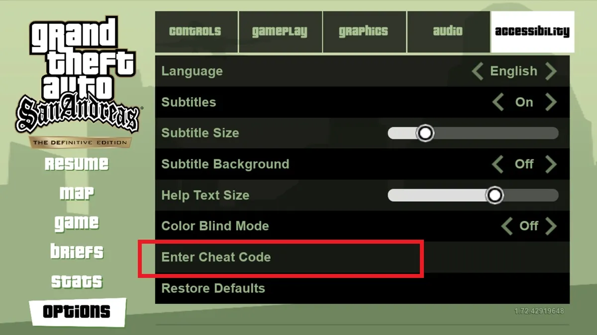 Cheat codes selection highlighted in accessibility menu options.