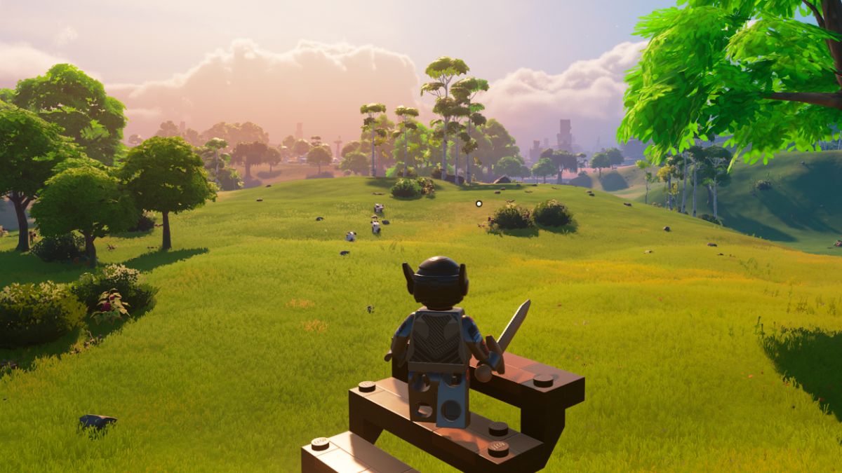 Minifigure looking out over dry valley in lego fortnite.