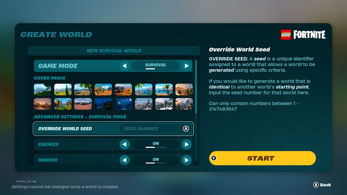 world creator menu screen in LEGO Fortnite