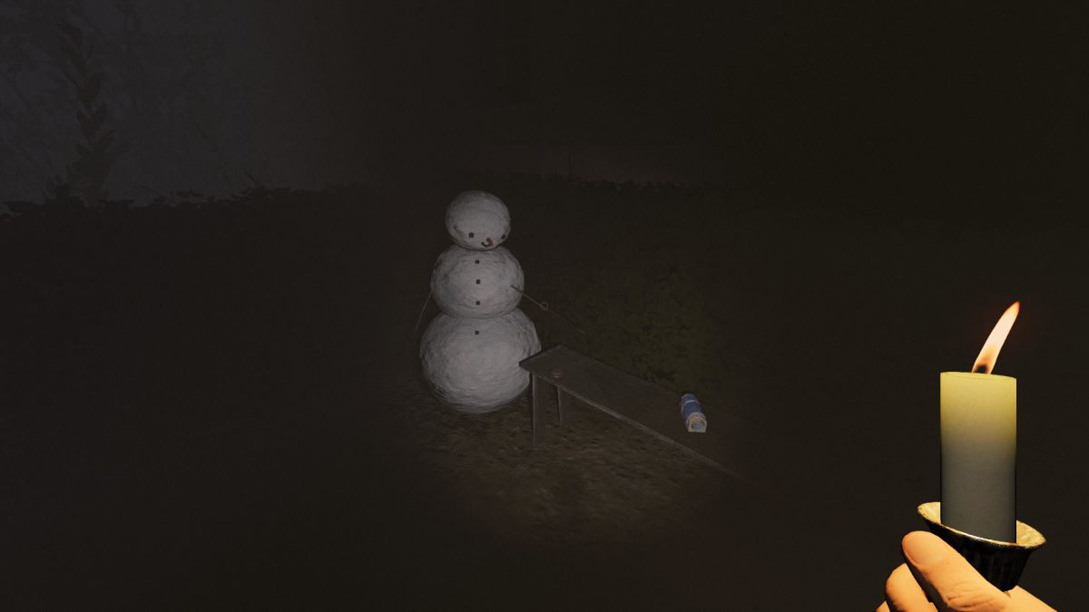 A snowman pointing at a Mysterious Part on a bench.