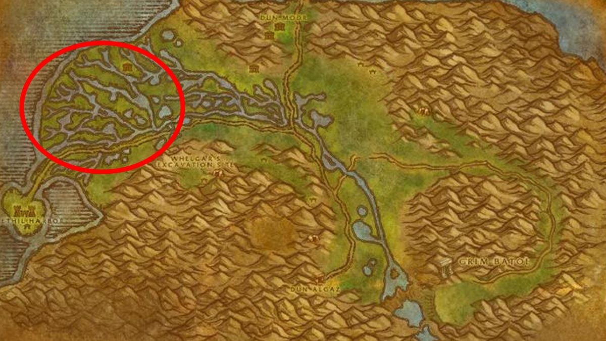 A map of the Wetlands with the Murloc settlement circled.