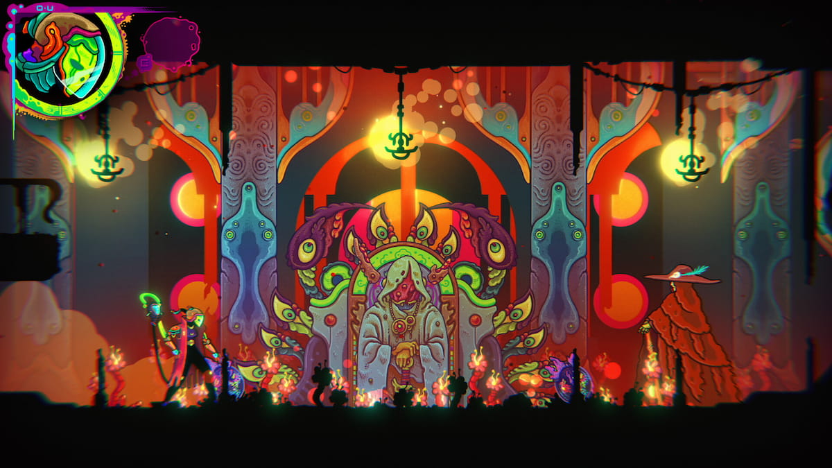 the player talking to an npc surrounded by psychedelic art in ultros