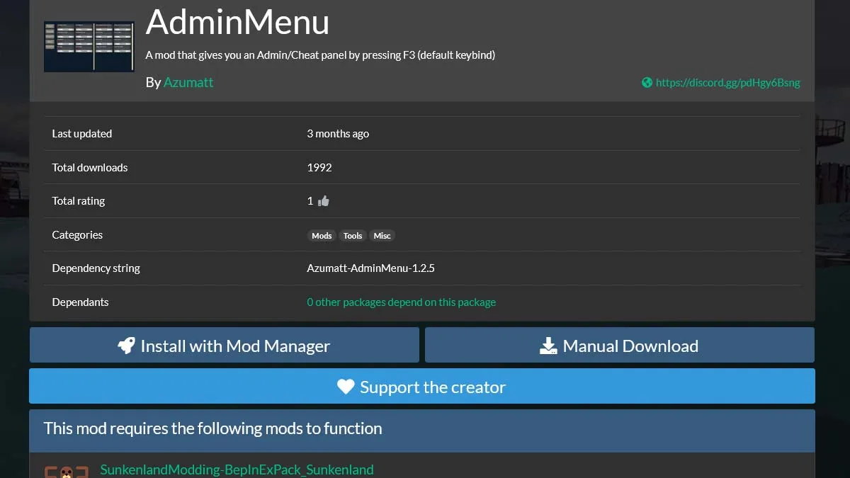 Admin Menu mod for Sunkenland webpage