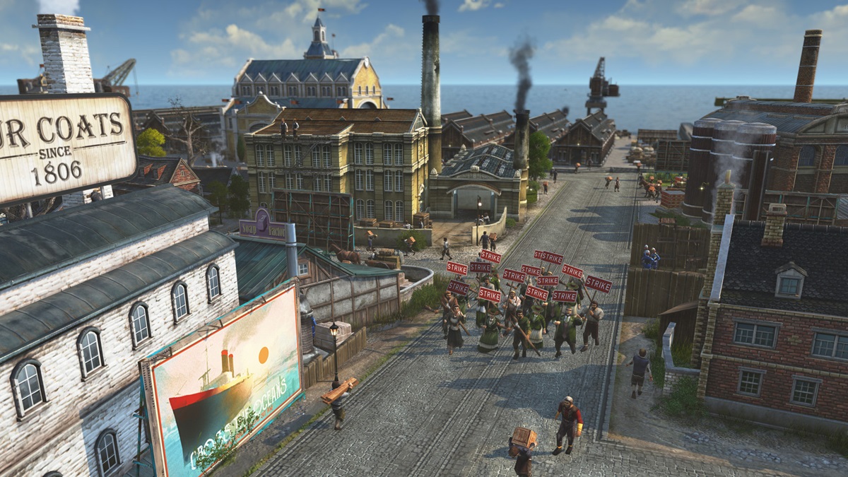 Workers on strike, holding signs and walking down a paved street in Anno 1800.