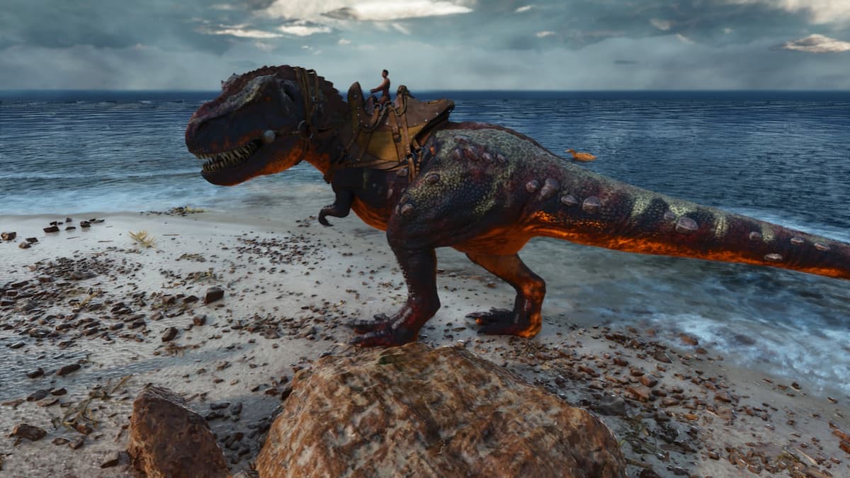 Survivor riding tamed Rex on the beach.