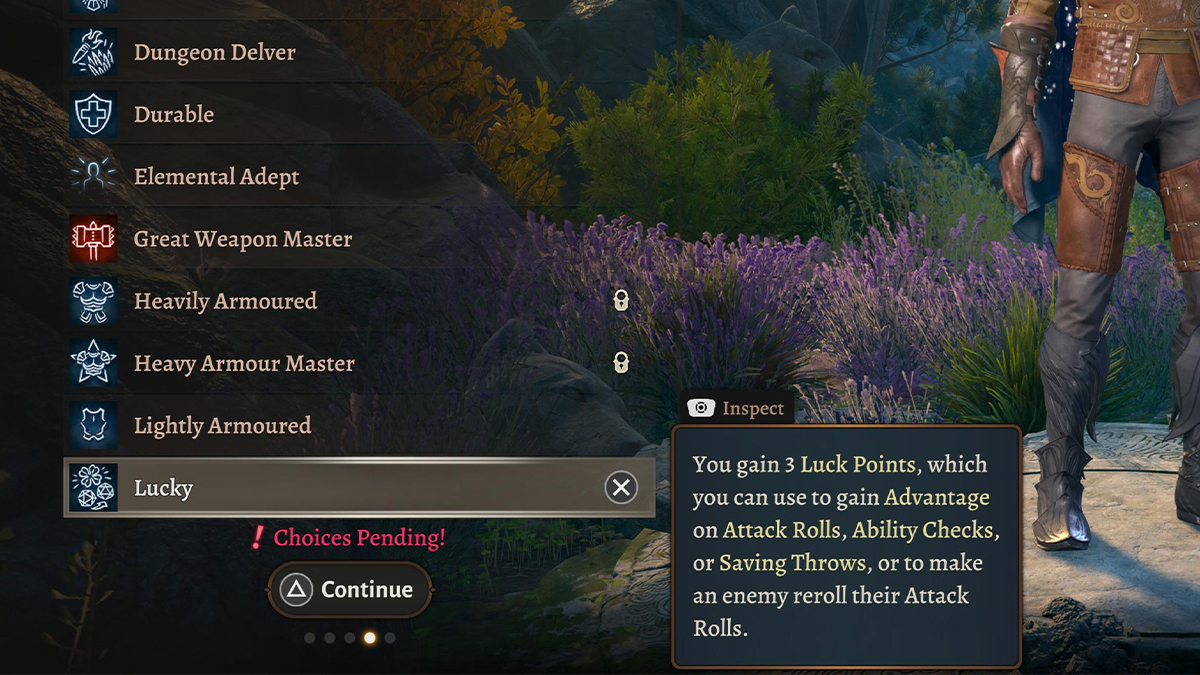 BG3 level up screen with Lucky feat tooltip.