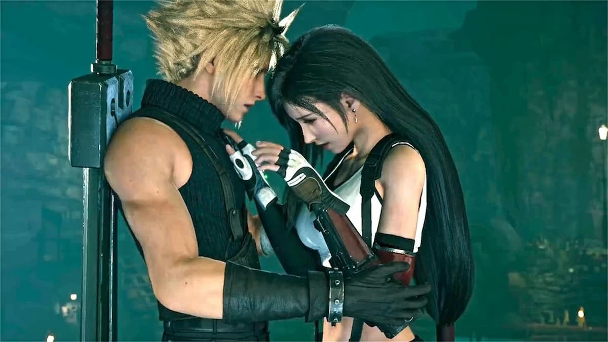 Cloud and Tifa embracing.