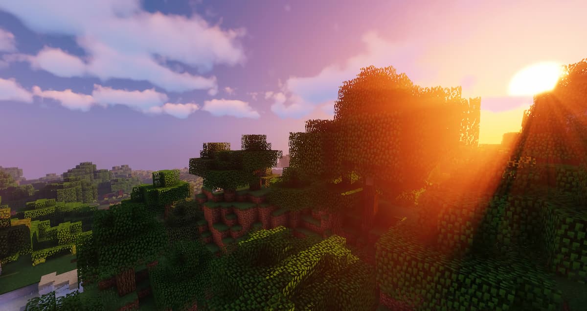 sunset shining through trees in Minecraft.