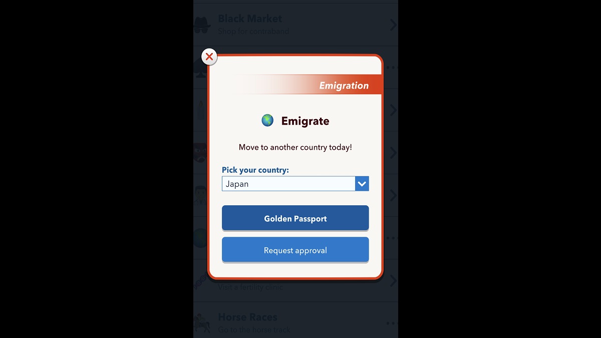 BitLife emigration menu