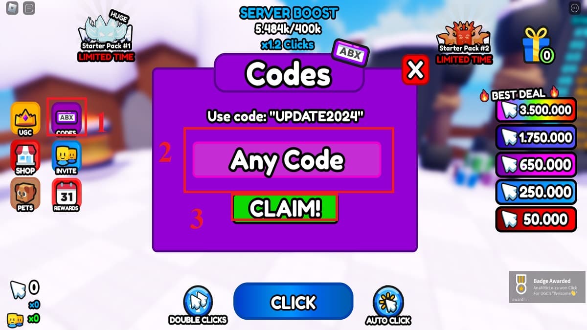 Click for UGC code menu