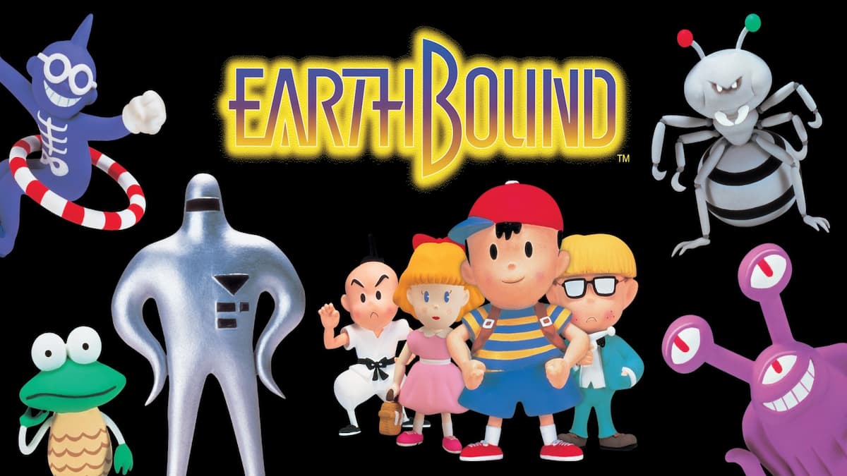 Ness and his friends standing under the Earthbound logo