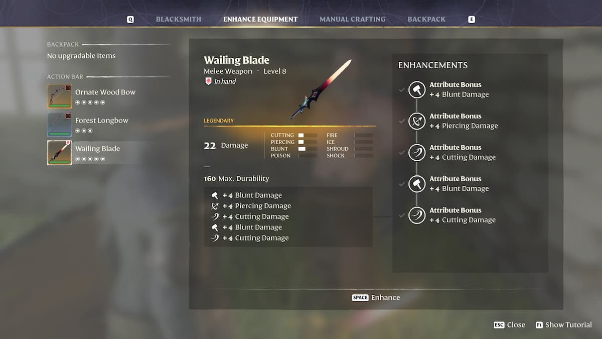 Wailing Blade Enhancement screen