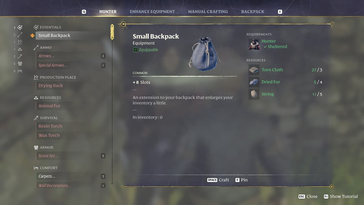 Crafting requirements for Small Backpack.