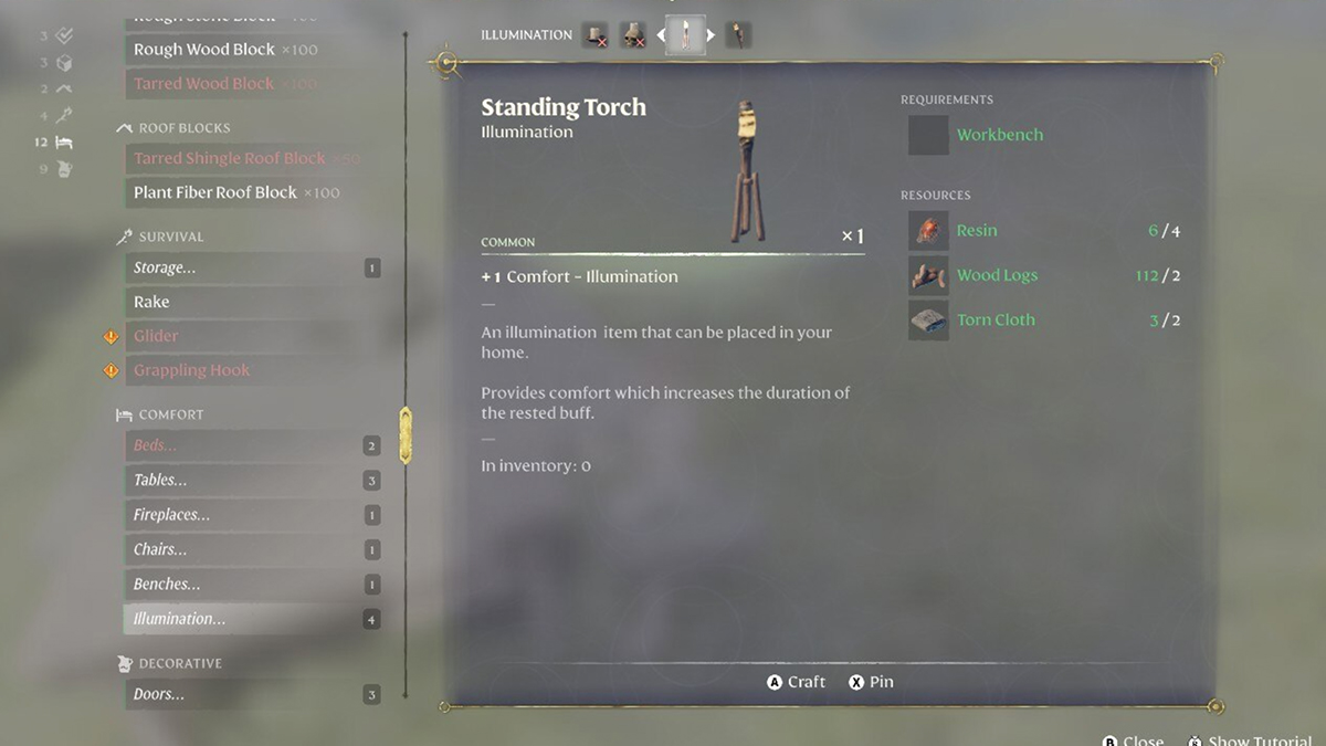 torch recipe screen in Enshrouded