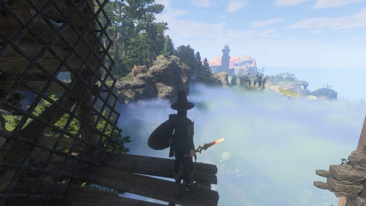 Character standing on Braelyn Bridge looking over Shroud.