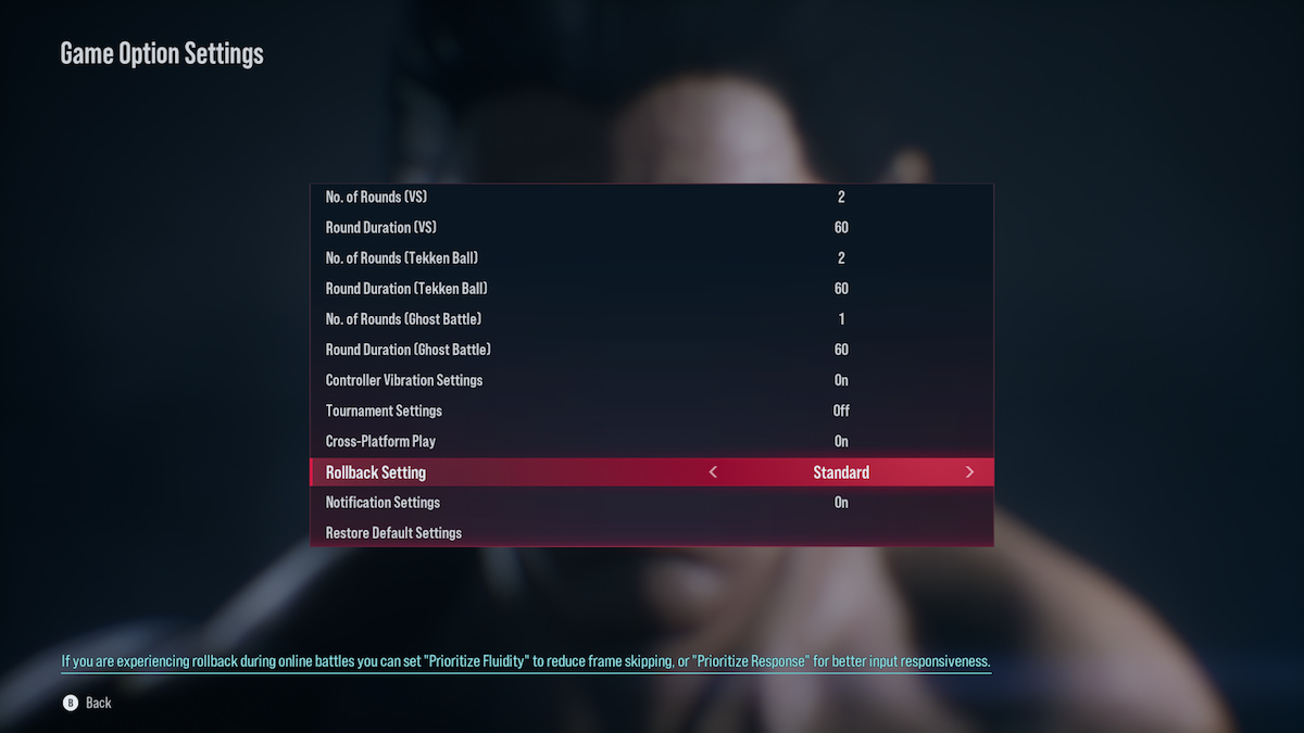 The Game Options Settings screen with Rollback Setting highlighted.