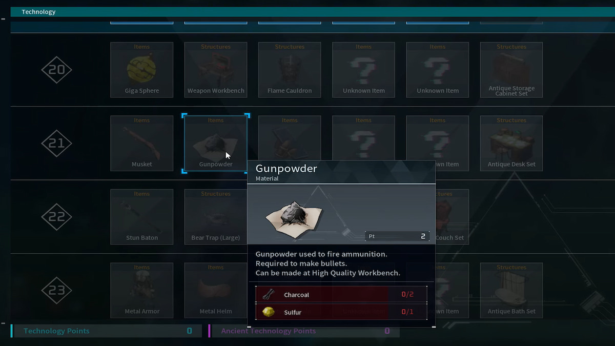 gunpowder recipe unlock in the tech tree in palworld