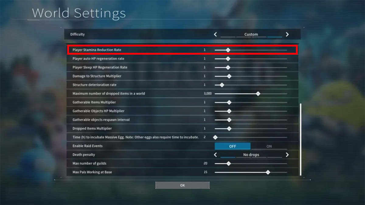 palworld world settings menu displaying various options