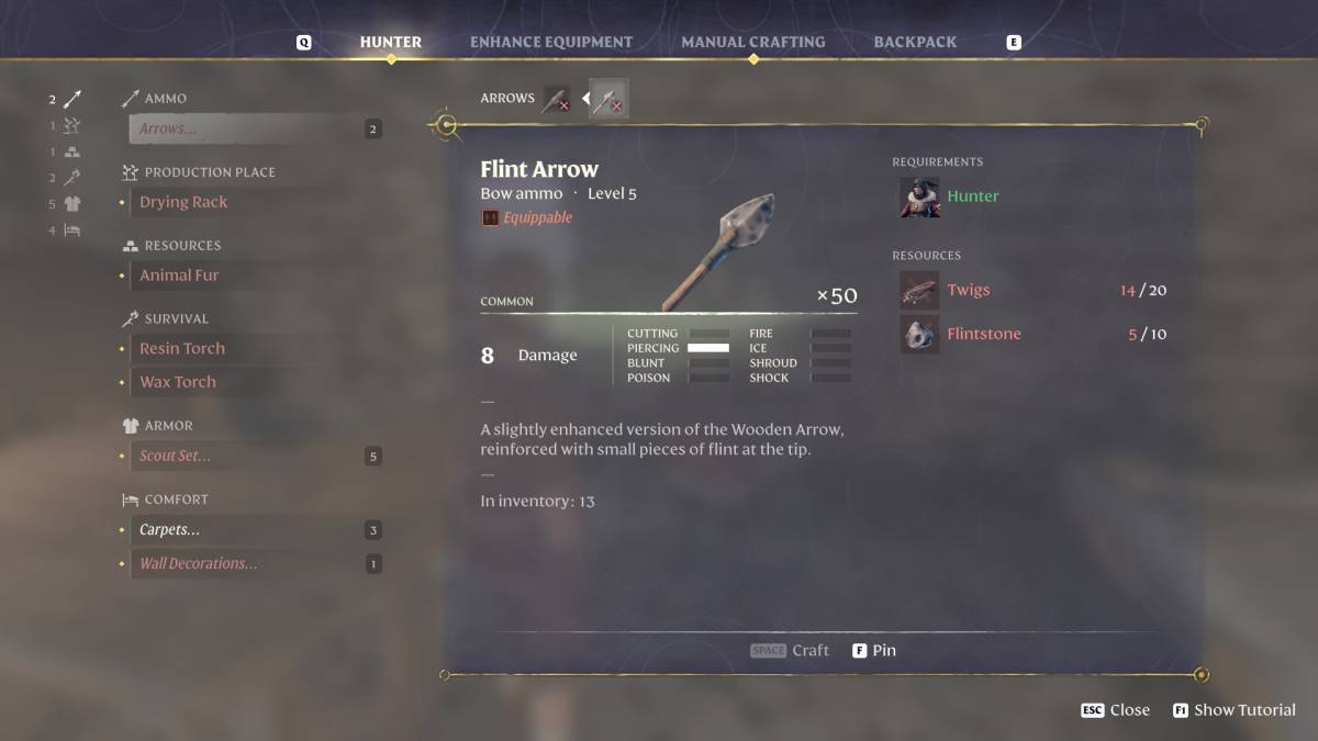 The Flint Arrow crafting recipe in Enshrouded