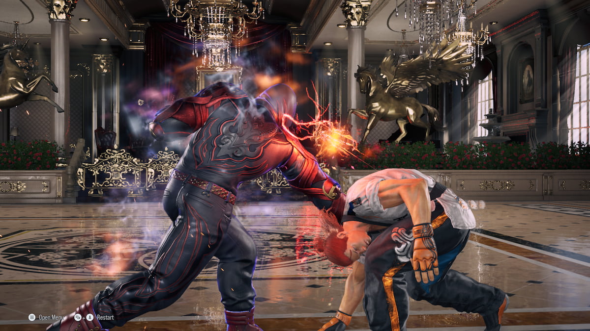 Jin Kazama downward punching Hwoarang with his Heat Burst.