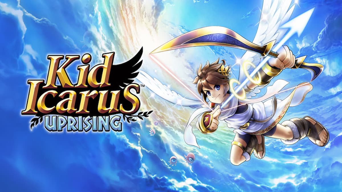 Pit holding his bow next to the Kid Icarus Uprising logo