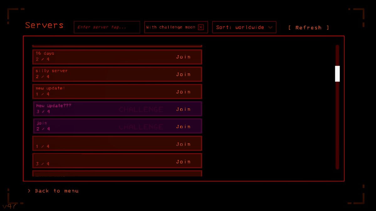 The lobby list in Lethal Company.