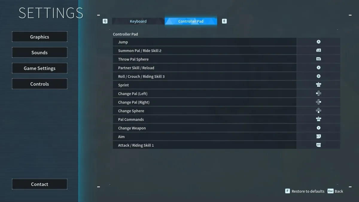 The Controller Pad binding menu in Palworld