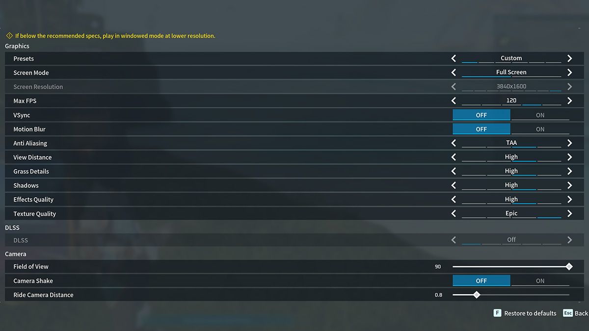 The graphics settings screen in Palworld