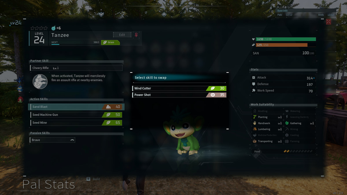 Palbox details for Tanzee, showing menu pop up for skill swap