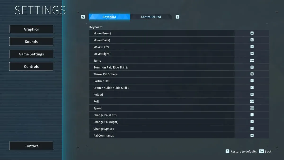 The keyboard controls menu in Palworld