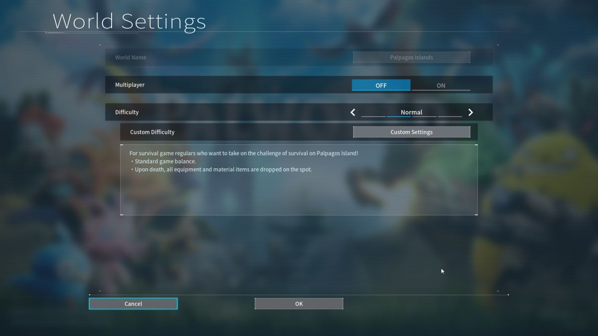 The world settings menu in Palworld