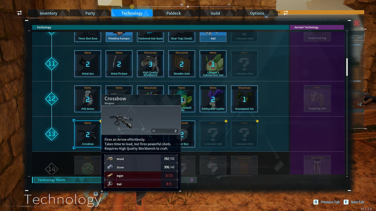 Palworld Technology Tab highlighting Crossbow recipe