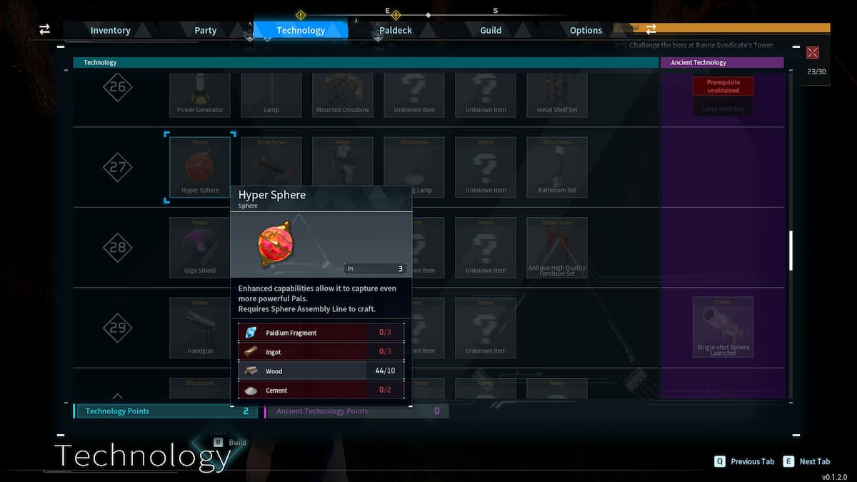 Technology menu highlighting Hyper Sphere crafting requirements.